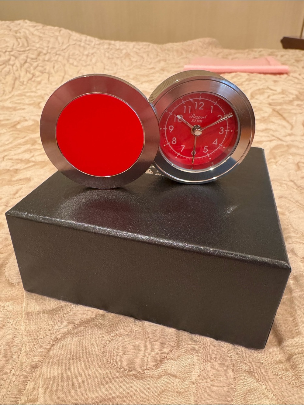 Elegant Red Travel Desk Clock with Silver Frame -